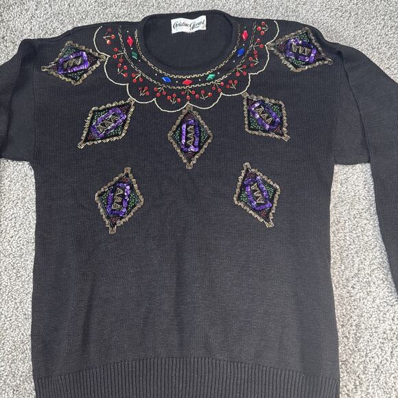 Vtg Christine Gerard 80/90s Black Rainbow Beaded Sequin Sweater SZ Large/XLarge - Picture 2 of 8